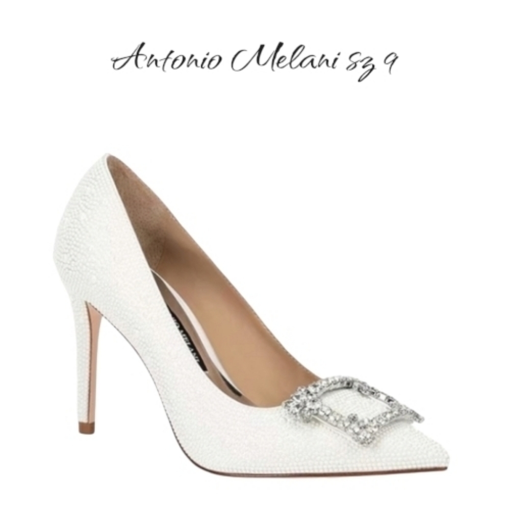 Antonio Melani Vega White Satin Crystal Ornament Studded Pumps Size 9